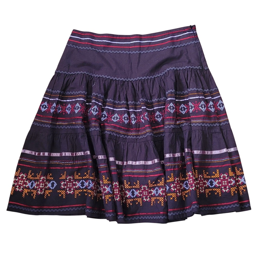 Boho Folk‎ Midi Skirt Brown Cross Stitch Embroidered Ribbon Trim Size M - Picture 5 of 8
